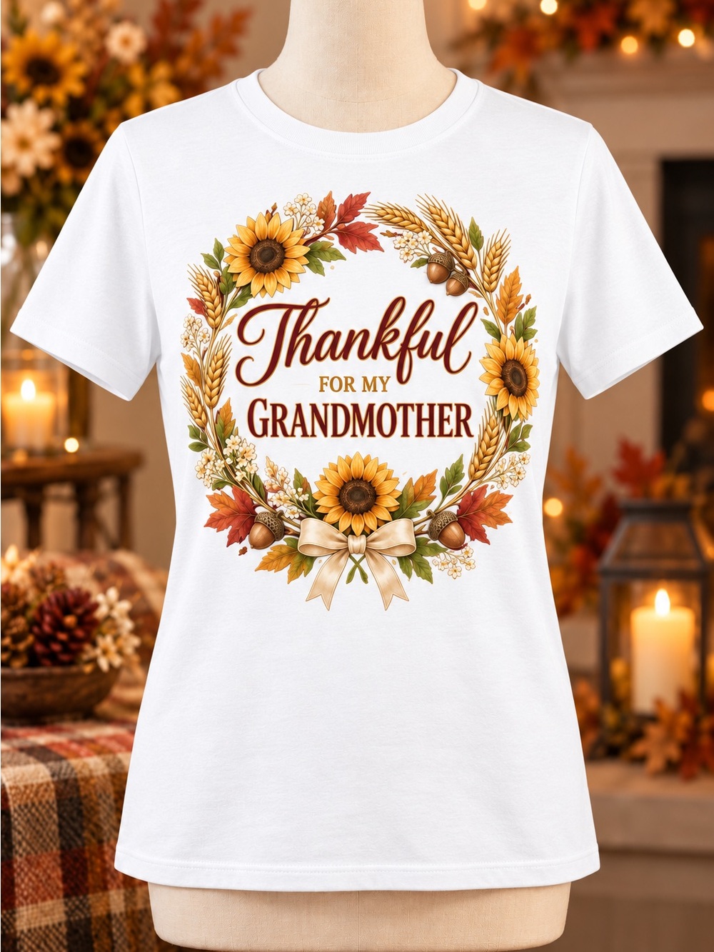 Gildan White Tee with Autumn Sunflower Wreath "Thankful for My Grandmother"